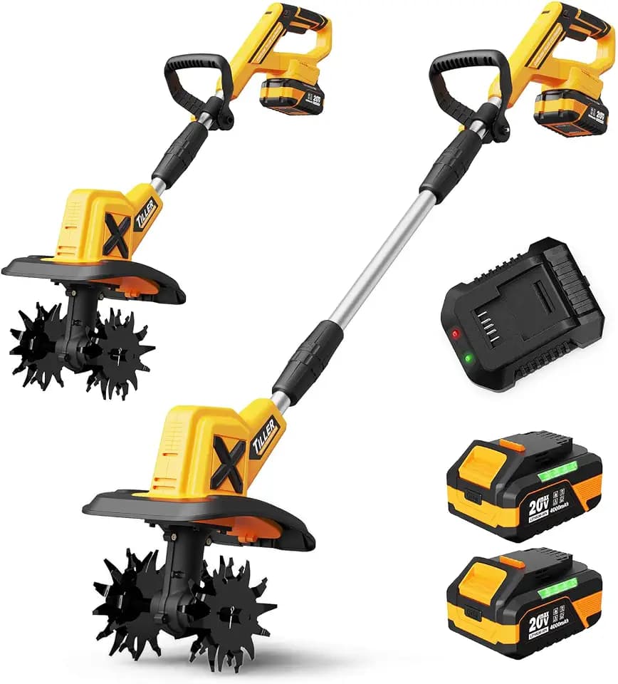 20V Cordless Tiller Cultivator for Gardening, 2x4.0Ah Batteries