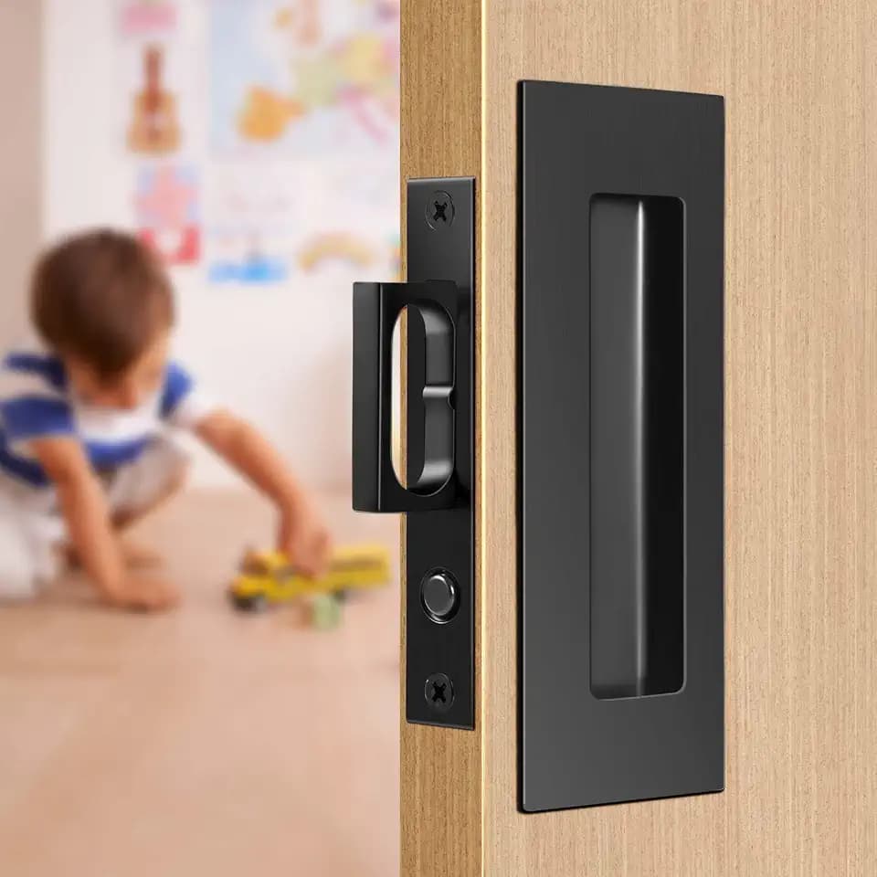 6-Inch Pocket Door Hardware Set - Complete 304 Stainless Steel Kit with Pop-Out Ring Pocket Door Handle, Edge Pull,Door Thickness Minimum 1 7/14 inches