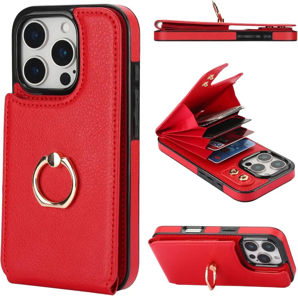 Folosu for iPhone 16 Pro Wallet Case with Card Holder,Ring Kickstand,Red