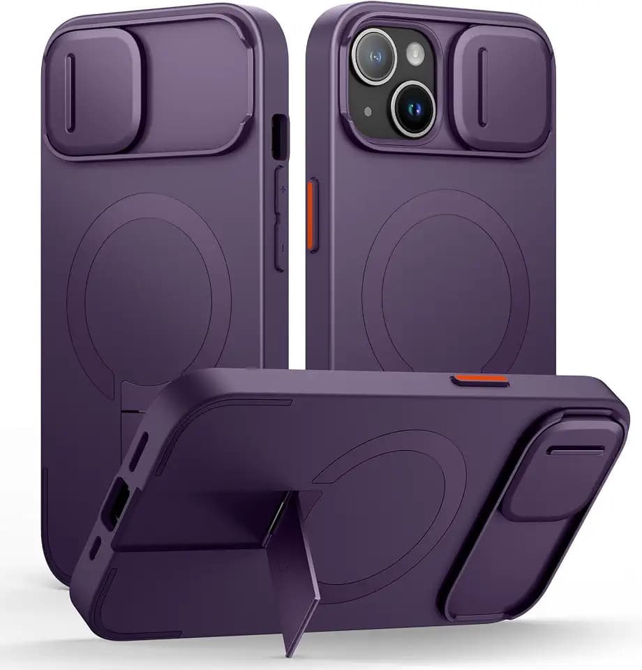 SURITCH for iPhone 15 Case with Magnetic Camera Slide Cover and Adjustable Kickstand, Compatible with MagSafe, Shockproof Bumper Case Slim Protective Cover 6.1 Inch, Dark Purple