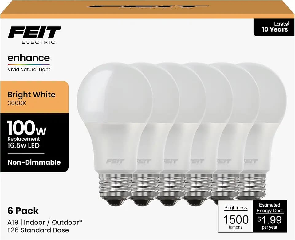 Feit Electric A19 100W Equivalent LED Light Bulbs, Non-Dimmable, 3000k Bright White, 1600 Lumens, 10 Year Lifetime, E26 Base, CRI 90, UL Listed, Damp Rated, 6 Pack, OM100/930CA10K/6
