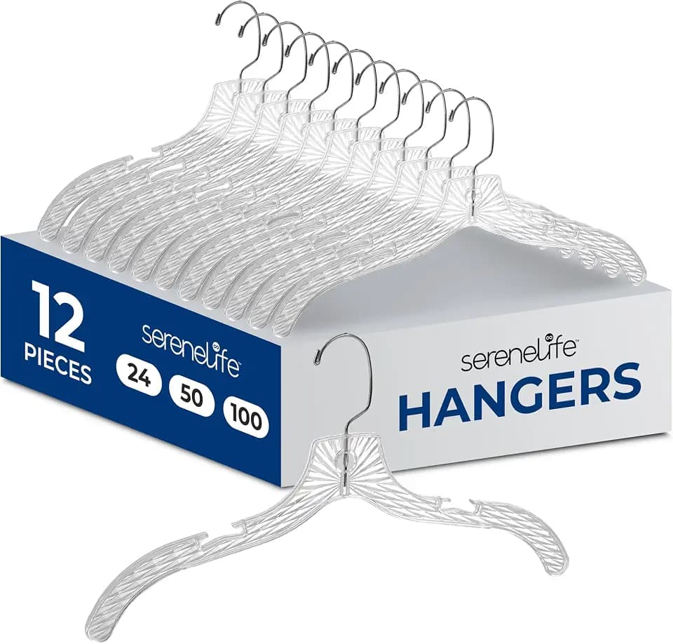SereneLife 12 Pack Clear Plastic Clothes Hangers | Keeps Closets Neat & Organized | Crystal-Cut ABS Design, Non-Slip Grooves, Notches, 360° Chrome Hooks, 6 Lbs Capacity | Transparent
