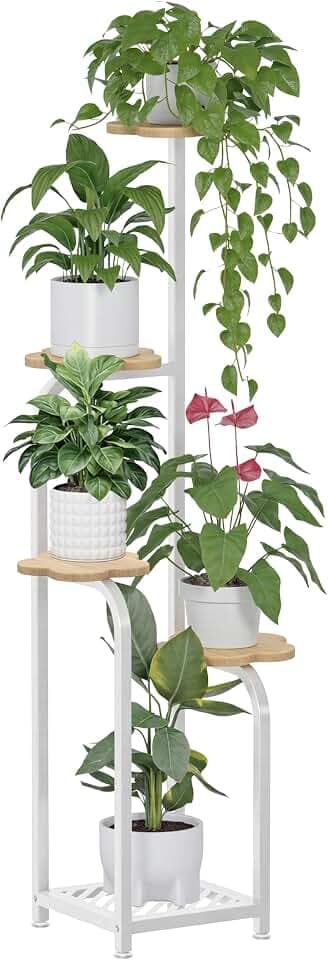 TOSKING Tall 5-Tier Wood Plant Stand Indoor, Cloud Shelves, Oak & White