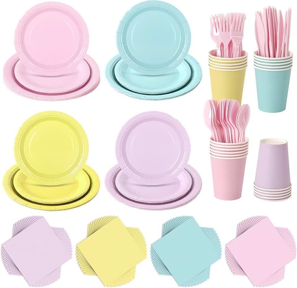200 Pcs Pastel Disposable Plates and Napkins Tableware Set for 25 Guests