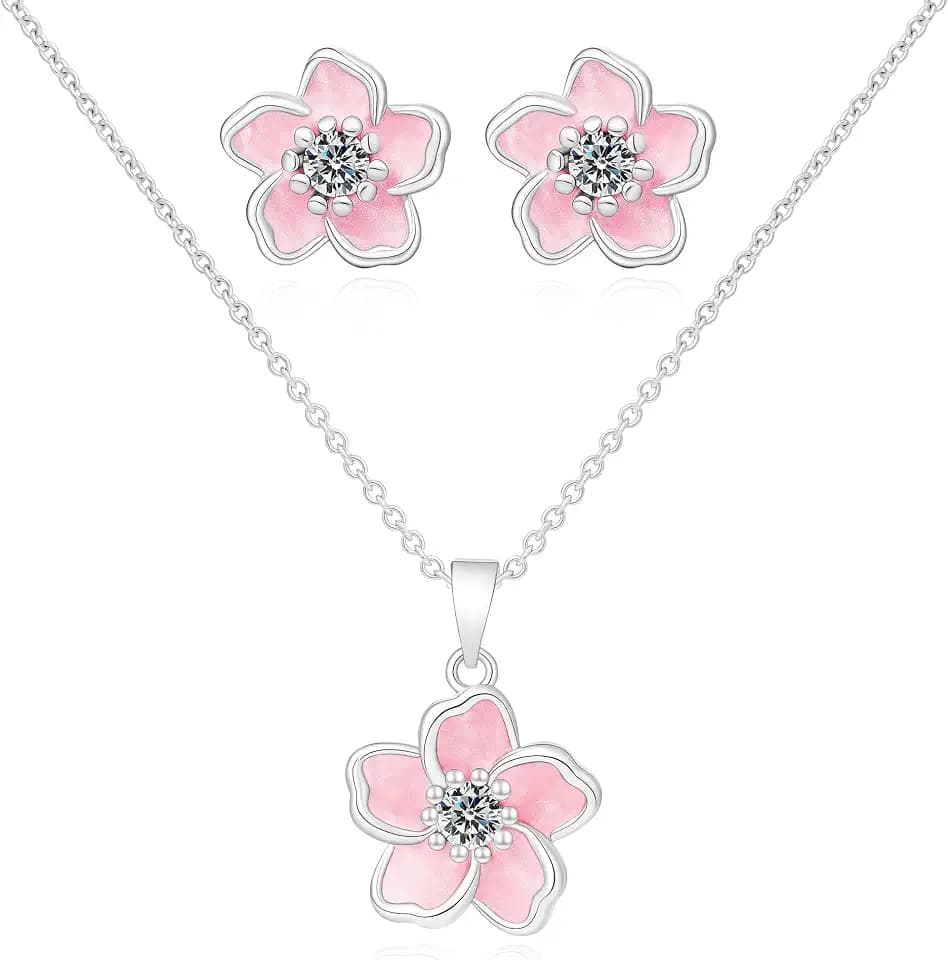 Flower Necklace Earrings Set for Women 14K Gold Plated Hypoallergenic Sets Pair with Different Birthstones for Wedding Party Bridal Bridesmaid Accessories Teacher Valentine Gifts
