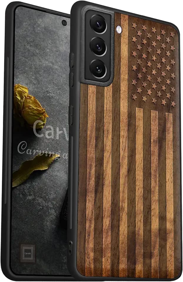 Carveit Wood Case for Galaxy S22, (American Flag-Walnut)