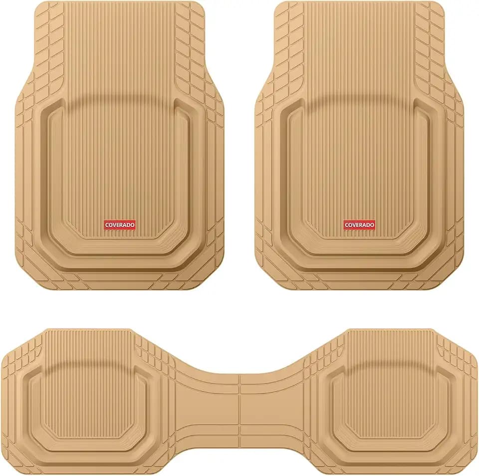 Coverado Car Floor Mats Heavy Duty, Deep Dish All-Weather Beige Mats, Universal Waterproof Trim to Fit Automotive Mats for Cars SUV Trucks