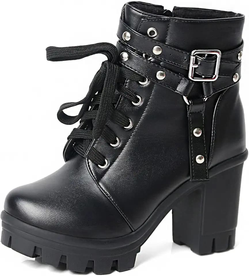 MEOTINA Goth Platform Heel Boots Punk Studded Lace Up Women Combat Booties