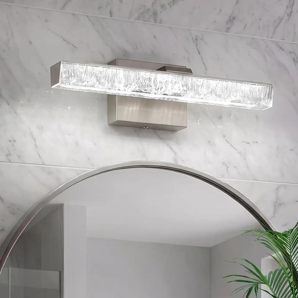 16 Inch Brushed Nickel LED Bathroom Vanity Light Fixtures, Iceberg Crushed Acrylic Modern Wall Sconce Lighting Over Mirror, 5500K Cool White Linear Vanity Lamp for Mirror Cabinet Powder Room
