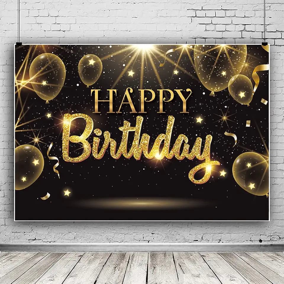 Black Gold Happy Birthday Party Decorations Backdrop, Golden Balloons Glitter Star Birthday Party Photo Background Banner Extra Large Wall Decor Props Party Supplies 6 * 4.2ft