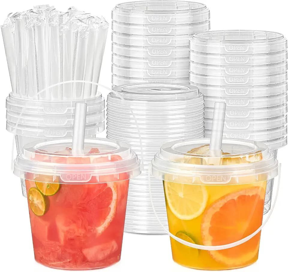 TUZAZO 30 Pack 24 oz Drink Buckets with Lids and Straws, Handles