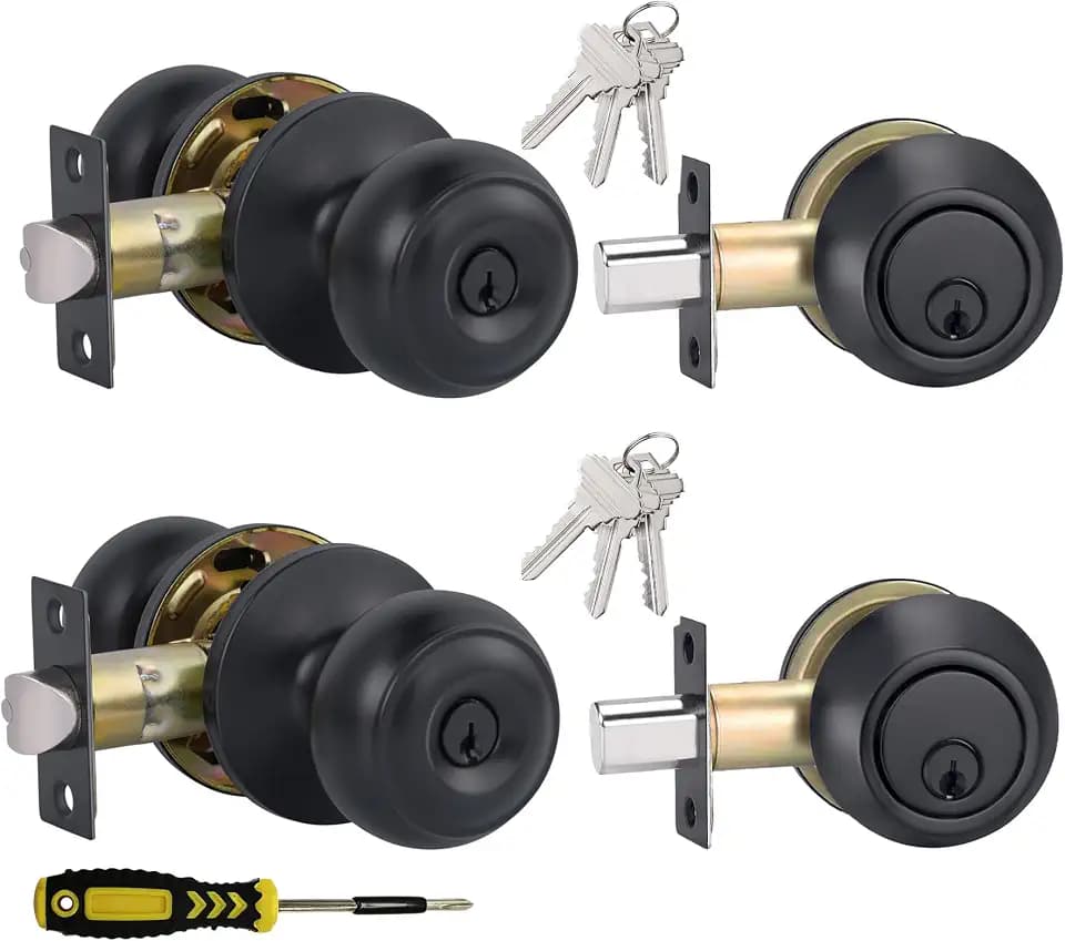 2 Sets All Keyed Alike Entry Door Knobs and Single Cylinder Deadbolt Lock Combo Set, Security for Entrance and Front Door with Classic Flat Ball Matte Black Finish by Lanwandeng