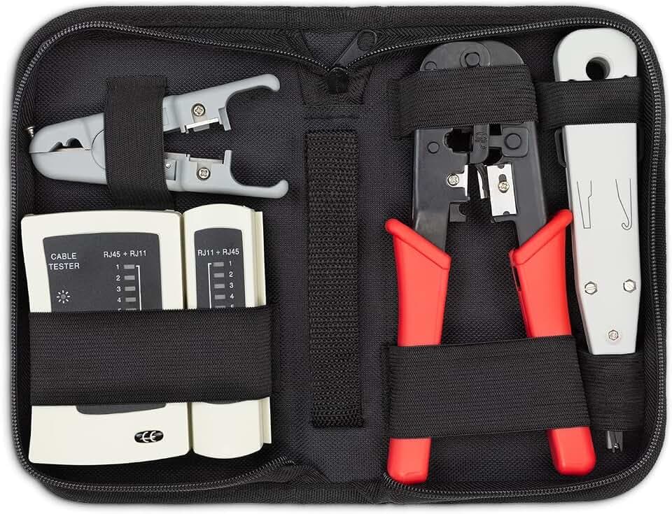 deleyCON Netzwerk Werkzeug Set Tasche RJ45, 4-teilig - Weiß Rot