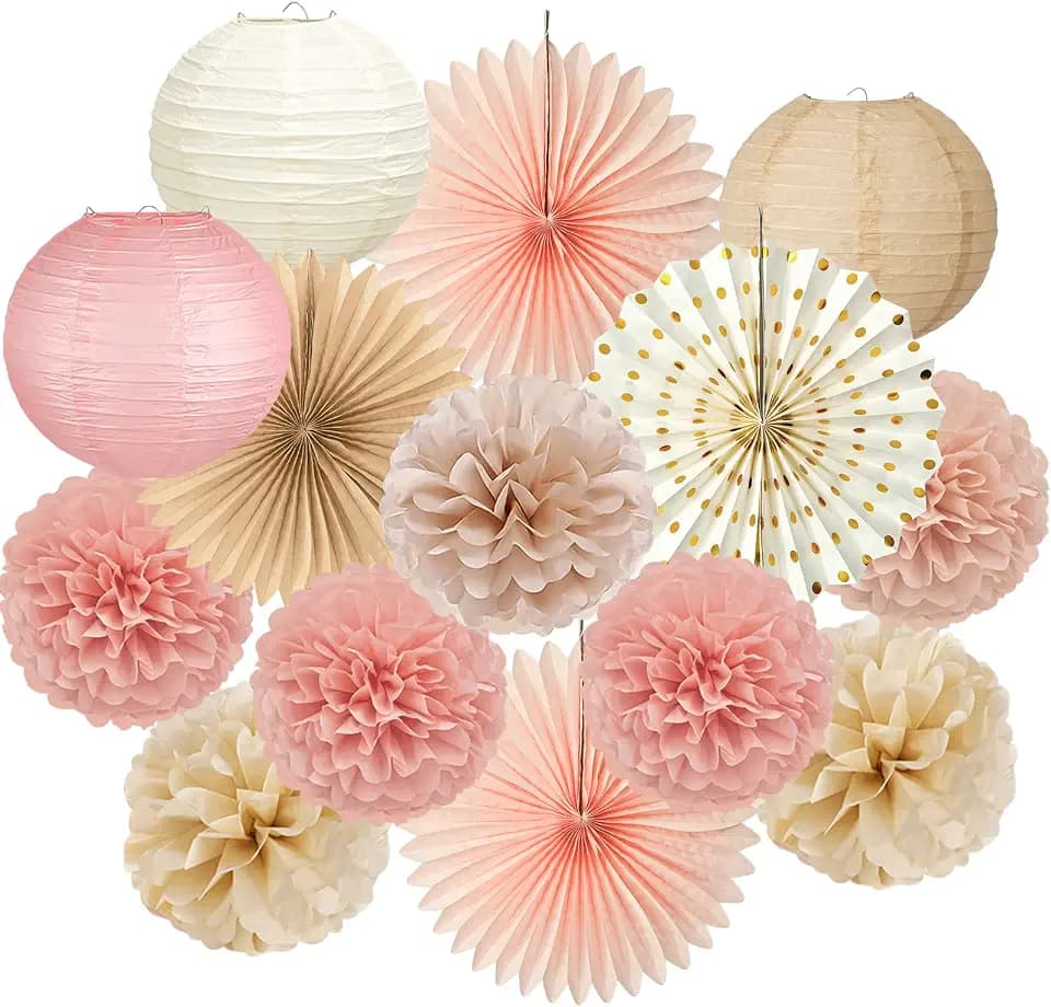 ADLKGG 14 Pcs Champagne Pink & Brown Party Decorations, Boho Paper Lanterns