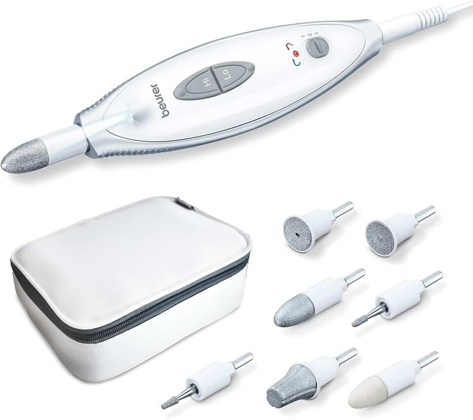 Beurer MP 41 Maniküre-/ Pediküreset, elektrische Nagelfeile mit 7 Aufsätzen, helles LED Licht, Nagelfräser für gepflegte Nägel, mit Aufbewahrungstasche, Nagelpflege für Hände und Füße, Weiß