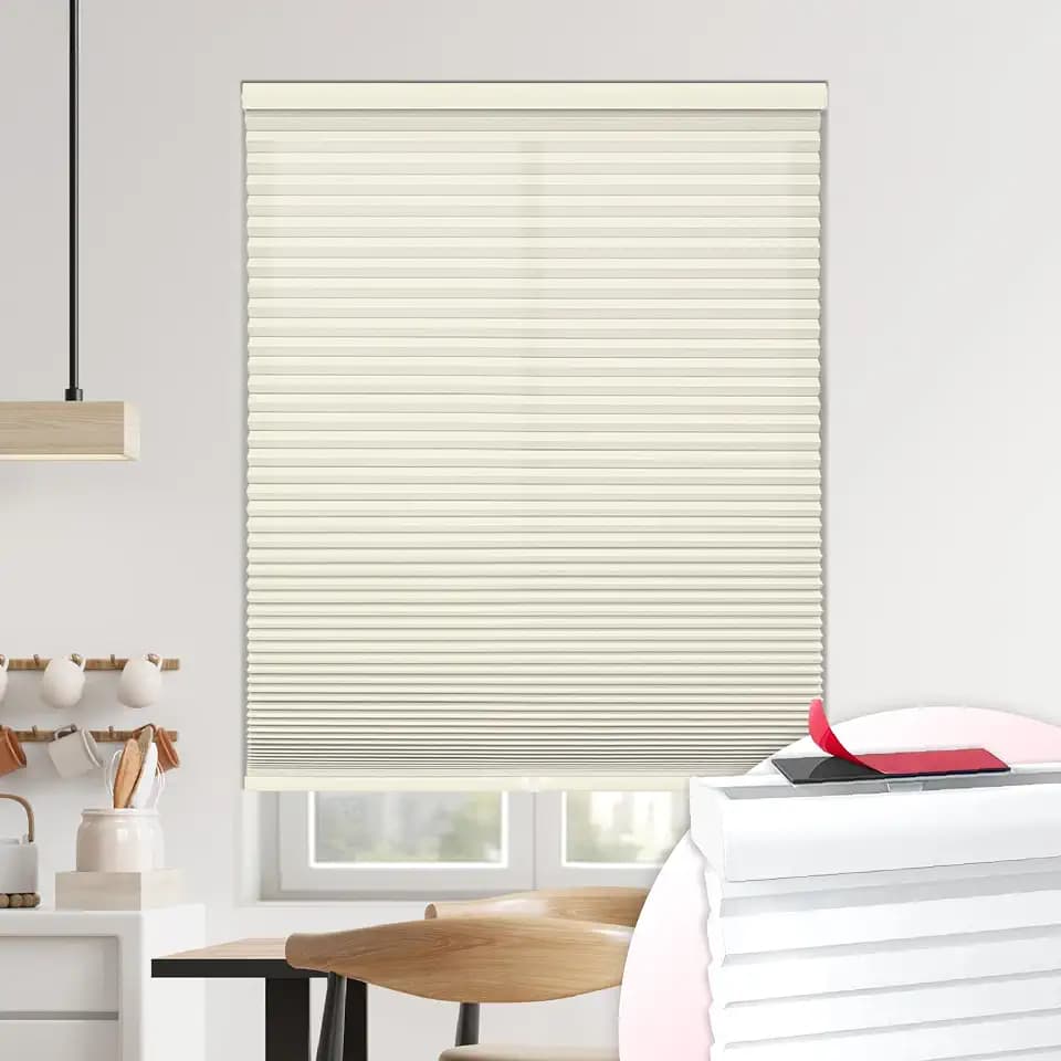 DEZ FURNISHINGS EZ Stick No Drill No Tools Cordless 1.5" Light Filtering Cellular Shade, 27" W x 60" H, Ivory