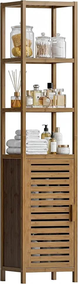 HITNET Bad Hochschrank Walnuss, Schmaler Badschrank Bambus Badzimmerschrank mit offenen Regal und Verstellbare Ablagen für Badezimmer Küche Wohnzimmer