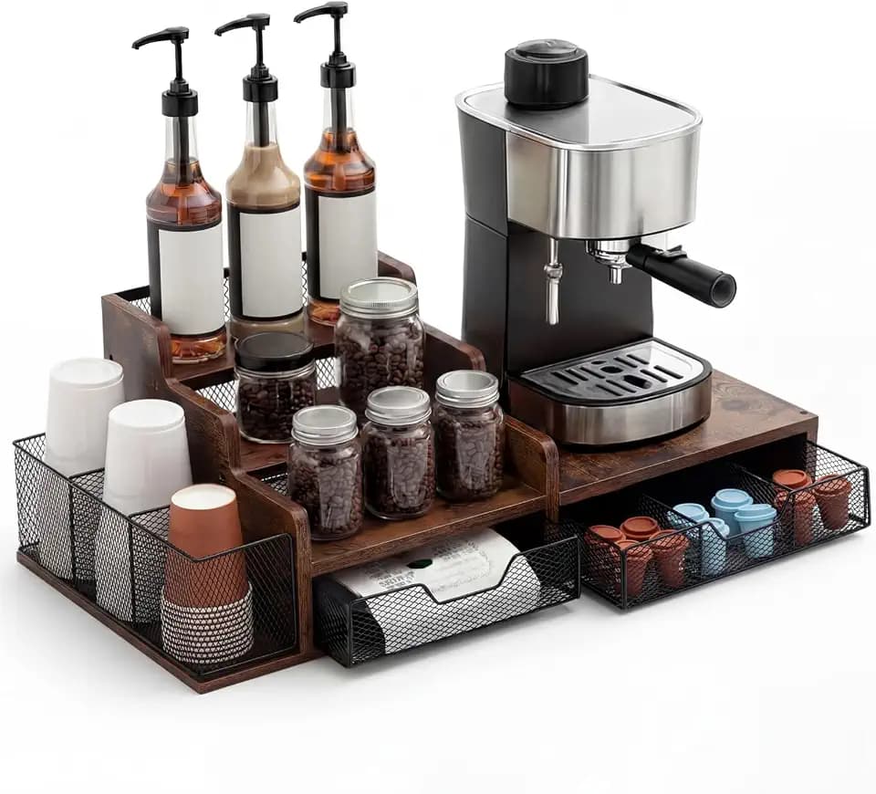 Potchen Wood Coffee Station Organizer Coffee Bar Organizer with 3 Tier Sliding Pods Storage Drawer Compatible with Cup Storage Holder for Countertop Bar Accessories