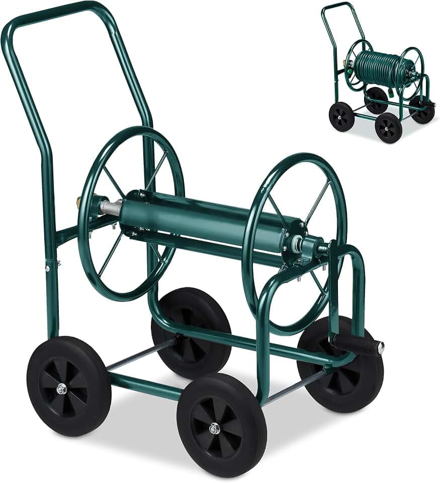 Relaxdays Schlauchwagen, bis 60 m, 4 Vollgummireifen, Klickkupplung, Schlauchtrommel Metall, Schlauchabroller, grün