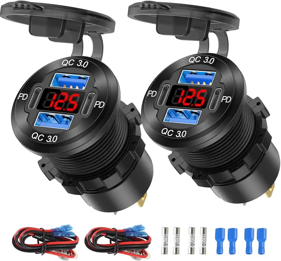2 Pack 12V USB Outlet 4 Port Car Charger Socket, 78W Dual PD USB C and Dual Quick Charge 3.0 Port Aluminum Charger with Red Voltmeter DIY Kit Waterproof for Car Boat Marine Motorcycle RV Truck, etc