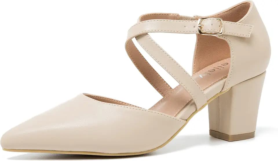 Women's Pointed Toe Pumps, Cross-Strap, Block Heel Dress Shoes