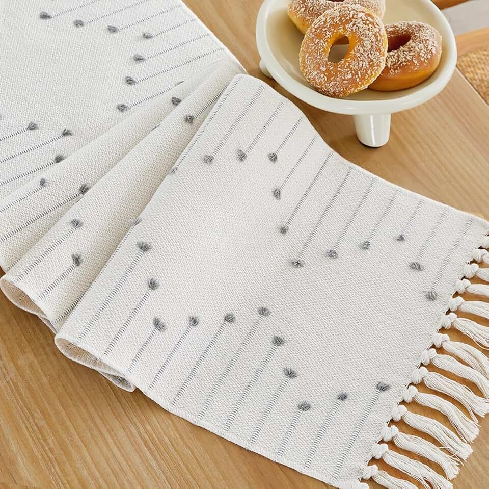 Wracra Boho Table Runner, Grey Woven Table Runners 90 Inches Long