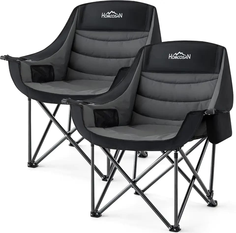 Homcosan Oversized Camping Chairs for Adults, Heavy Duty Padded Outdoor Chairs with Cup Holder and Cooler Pocket, Portable Lawn Chairs, Support 500 lbs, Suitable for Outside Use, Grey, 2 PCS