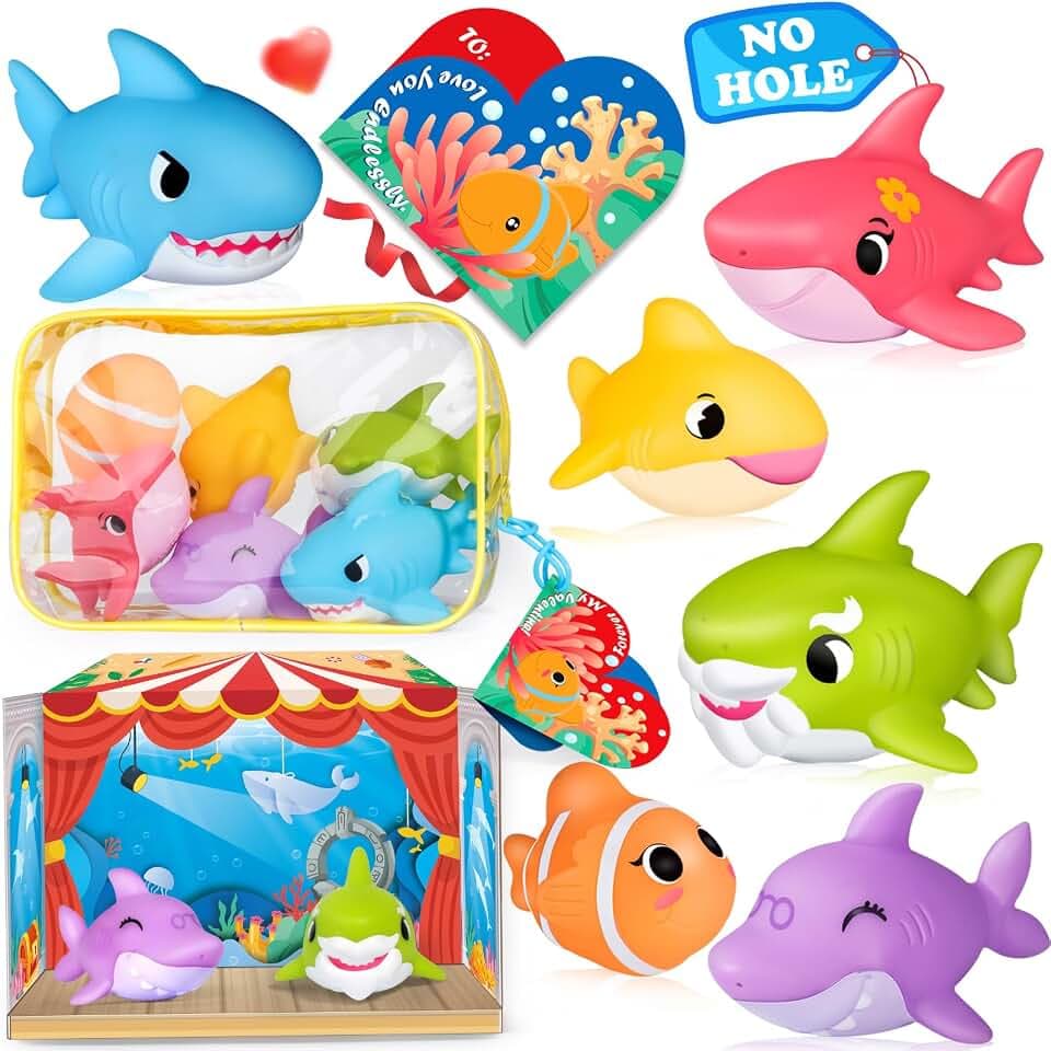 Ohne Loch Badewannenspielzeug Haifamilie Shark, 6 Stück Badespielzeug für Baby und Kinder, Pool Schwimmbad Spielzeug für Jungen Mädchen ab 1 2 3 4 Jahren