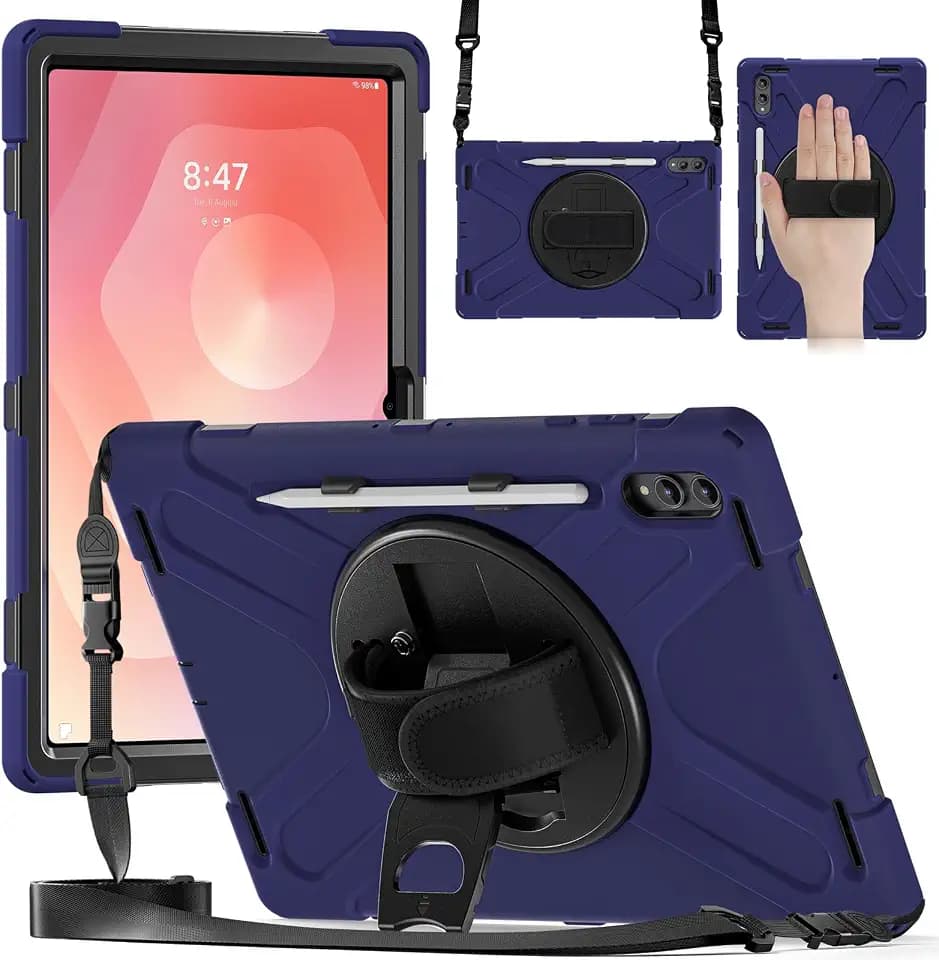 NINKI Wrist Strap for Samsung Galaxy Tab S11 Ultra Cover with Pencil Holder 2025,(Kickstand + Cross-Body Lanyard) Military Grade Protective Case for Galaxy Tab S11 Ultra Protector Stand Men Dark Blue