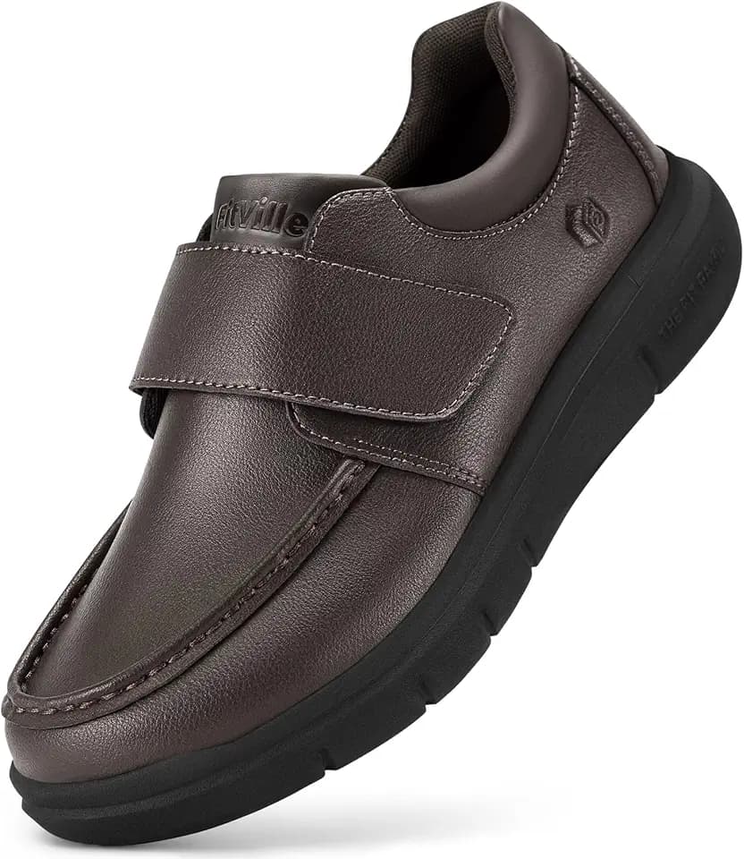 FitVille Wide Diabetic Walking Shoes for Men Leather Oxford Comfortable Dress Business Casual Shoes Sneakers for All-Day Comfort
