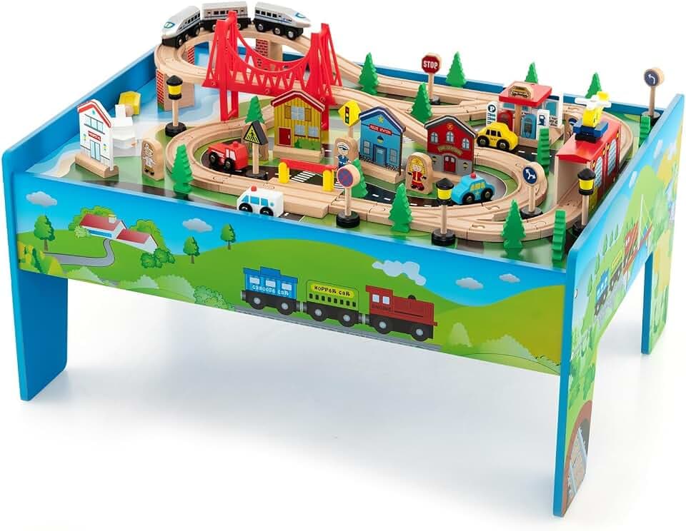 FANTASK 94-teiliges Holz Aktivitätstisch, Spieltisch mit 2 wendbaren Tischplatten, 3 Stoffschubladen, 2 in 1 Eisenbahn-Set zum Spielen für Kinder ab 3 Jahren