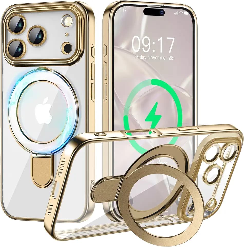 Reukdnv Clear iPhone 17 Pro Max Case with Magnetic Stand, Fit for MagSafe, Mil-Grade Drop Protection, luxury Polished Frame with Clear Back, Grip & Stunning Phone Case for iPhone 17 Pro Max 6.9'' Soft