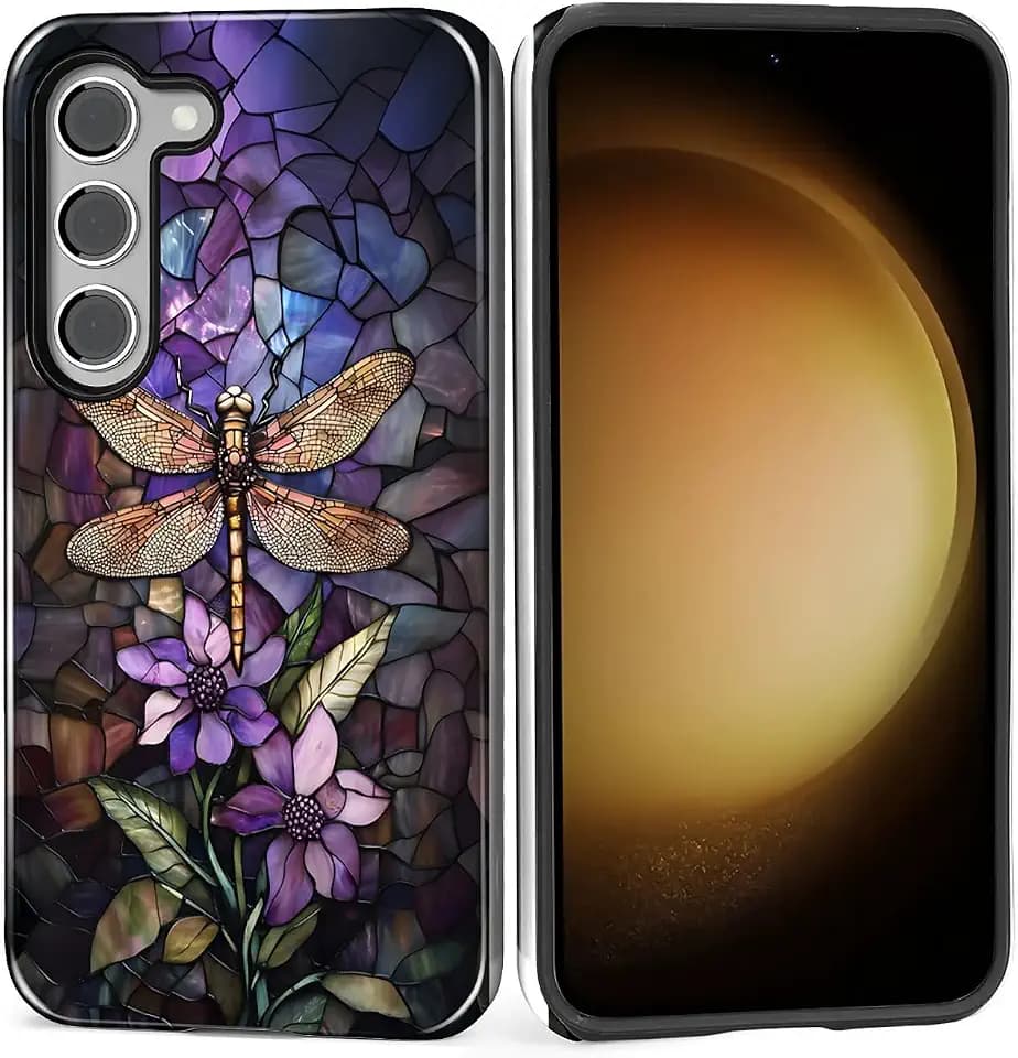 for Samsung Galaxy S23 Case, Stained Glass Dragonfly Pattern Glossy 2 in 1 Shockproof Bumper Drop Protective Case for Girl Women Boy Men