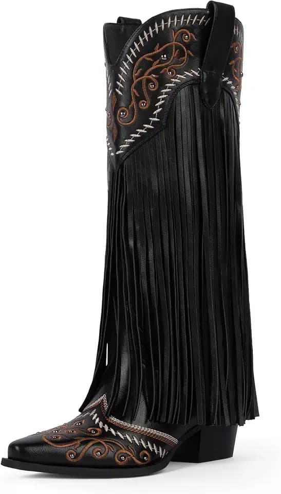 Modatope Fringe Cowboy Boots for Women Knee High Cowgirl Boots