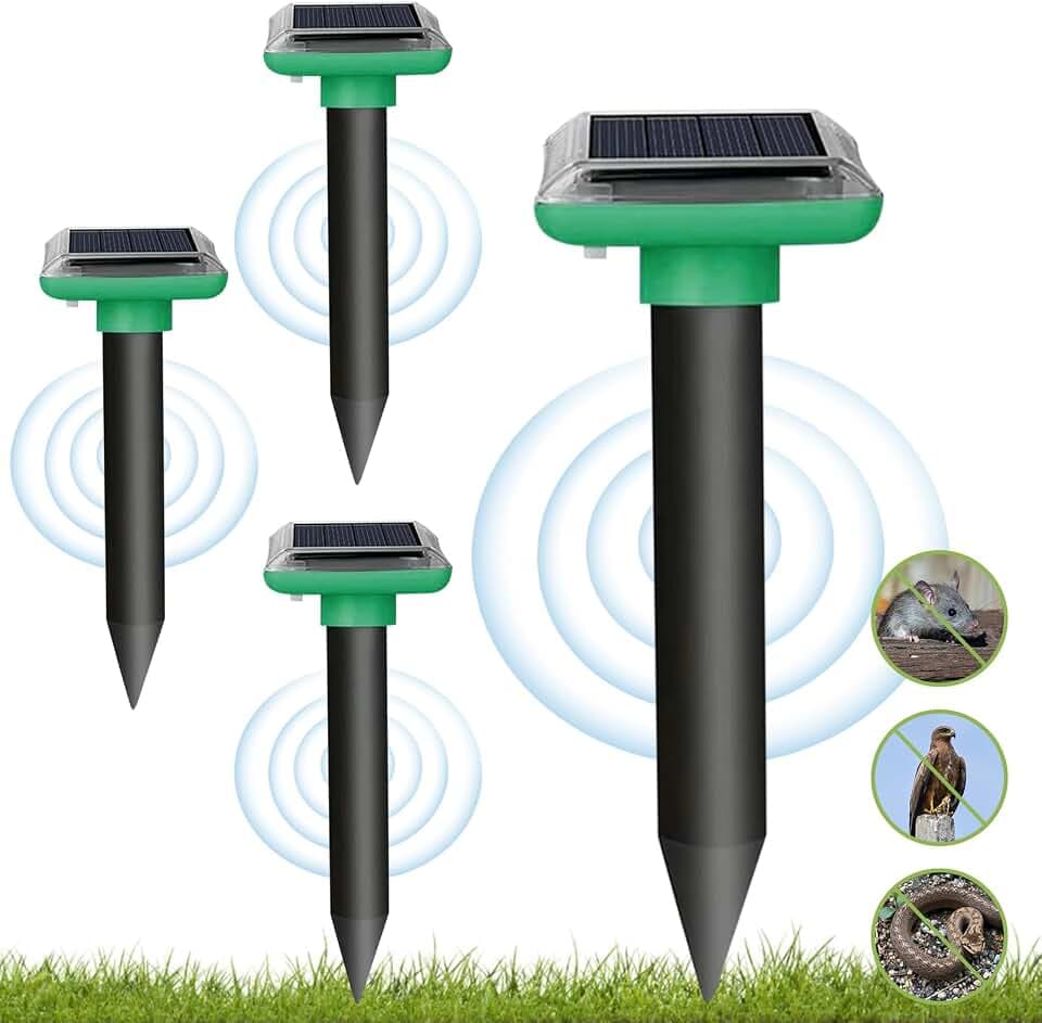 Maulwurf Vertreiber 4 Stück Maulwurfschreck Ultrasonic Solar Mole Repellent mit ON/Off Schalter, Wühlmäuse Vertreiben, Wühlmausfalle, Schädlingsbekämpfung Waschbär abwehr