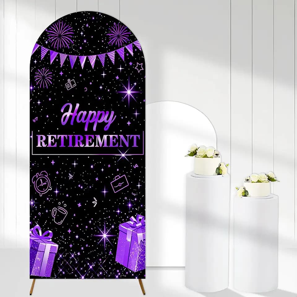 Happy Retirement Arch Backdrop Cover Purple Retirement Party Decorations 6ft Stretch Spandex Happy Retired Backdrop for Women Coworker Goodbye Going Away Party Supplies Photo Booth Props