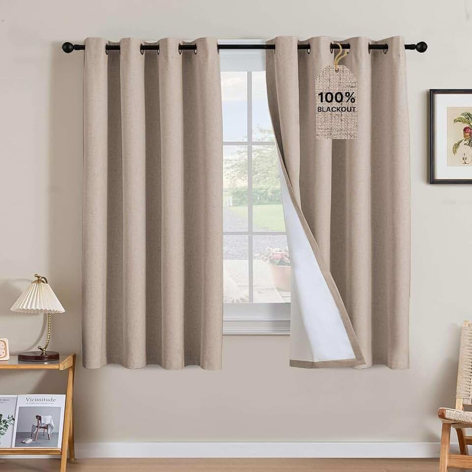 H.VERSAILTEX 100% Blackout Linen Curtains 63" L 2 Panels Heathered Sand