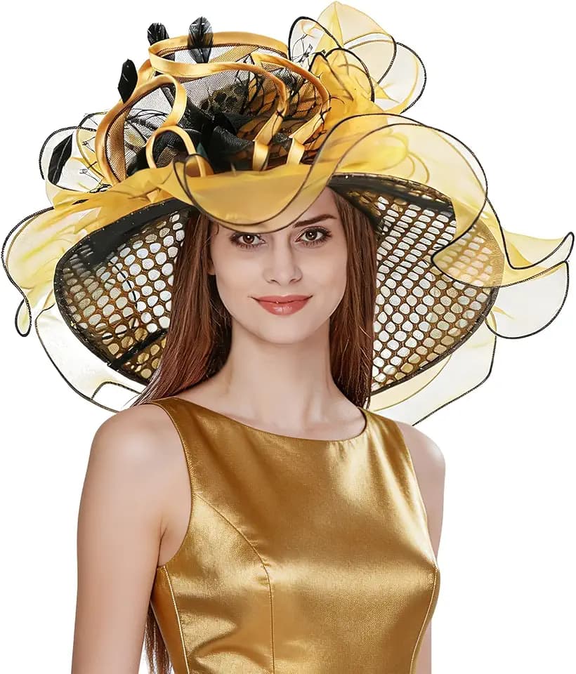 Z&X Women Organza Church Derby Hat Wide Brim Sun Hats for Wedding Tea Party Fascinator Hat, Dual-use