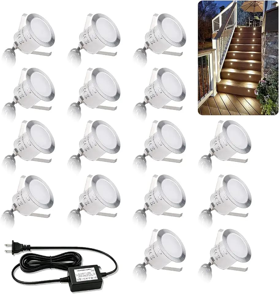 16 Pack Recessed LED Deck Light Kits, 32mm Warm White, IP67 Waterproof 12V Low Voltage Deck Lighting for Garden, Patio, Step, Stair, Yard, Floor