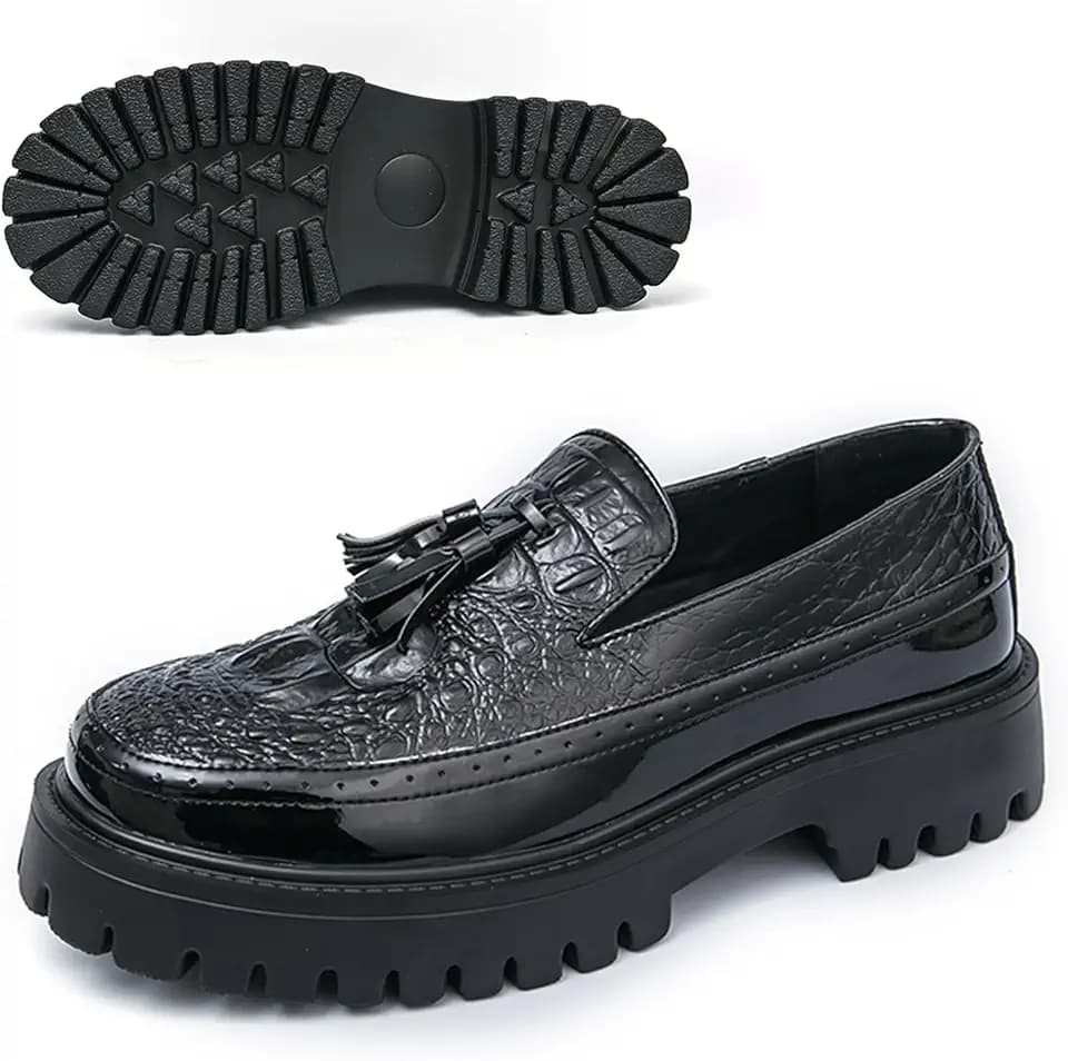Men's Fashion Tassel Chunky Platform Penny Dress Loafers Luxury Round Toe Slip-On Non-Slip Lug Sole Business Formal Shoes for Daily Work and Casual
