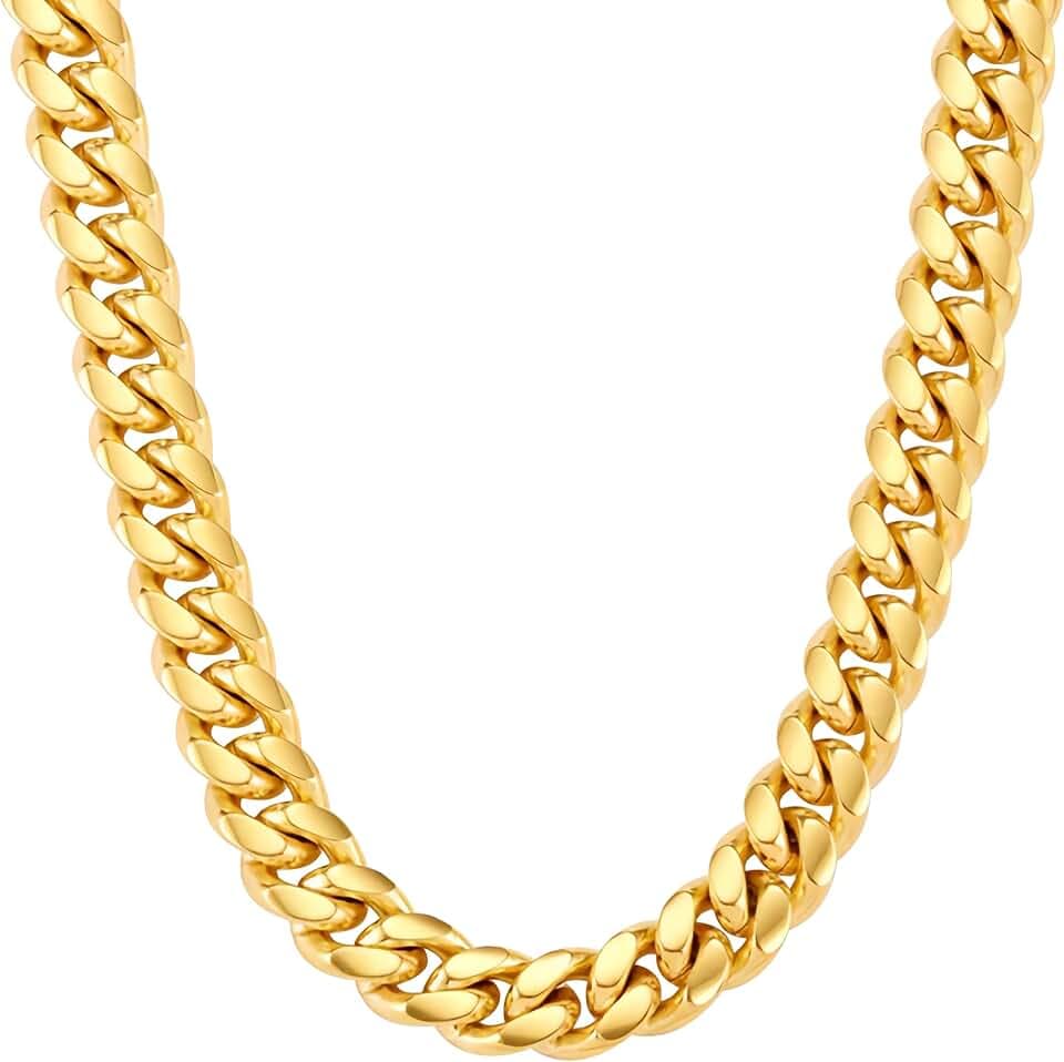 VEXXS Panzerkette Herren 10/12mm,18 Karat Vergoldet Edelstahl cuban chain, Flache Kubanische halskette Herren Kette,Goldkette für Herren Männer Jungen, Herren Schmuck Geschenk,46-66cm