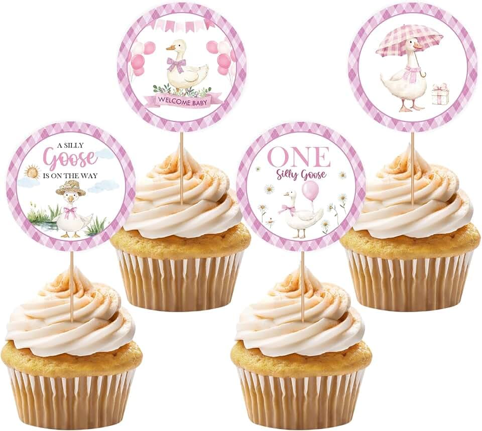 36PCS One Silly Goose Cupcake Toppers, Pink Goose Baby Shower Cupcake Picks for Girl, Cute Goose Cake Decor for Farm Animal Themed Gender Reveal Party Decoration