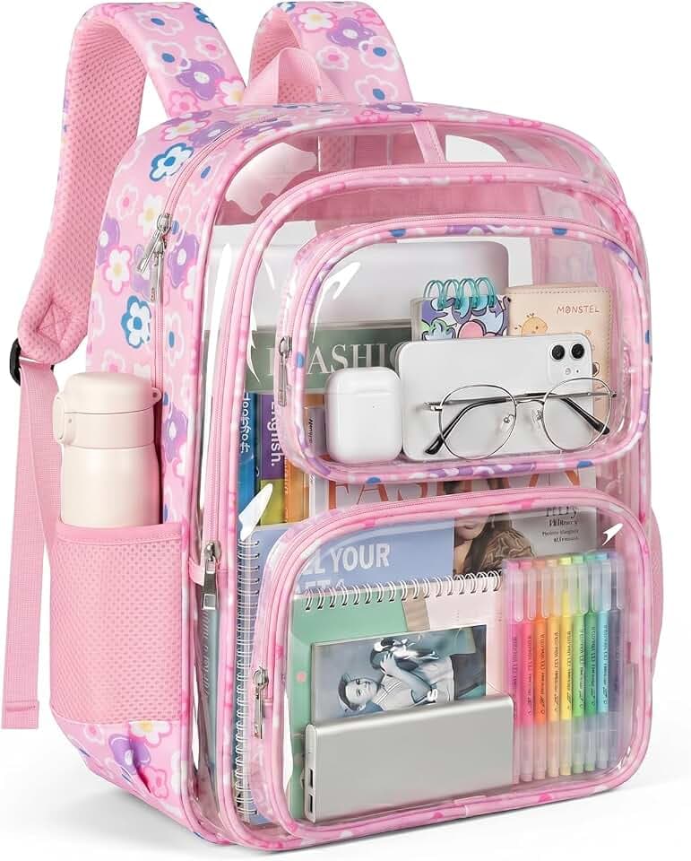 Clear Backpack, Fabric & PVC Clear Bookbag Heavy Duty Transparent Bag Large Capacity See Through Backpack with Thickened Shoulder Straps for College Work Travel Security, Pink