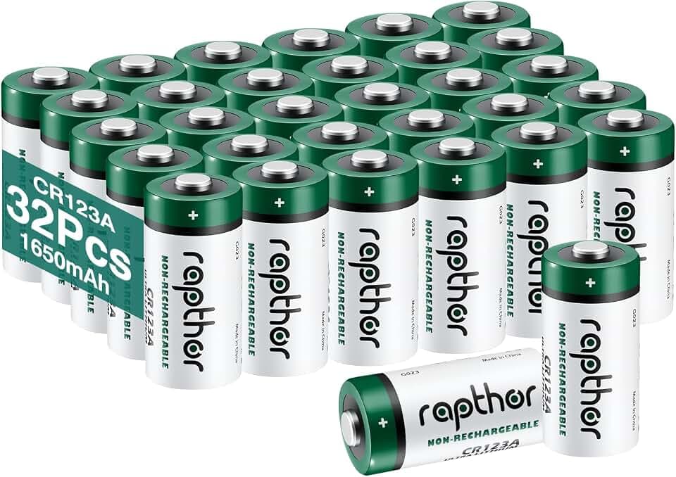 Rapthor CR123A 3V 1650mAh Lithium-Batterien 32 Stück, Ersatz für CR123 CR123A CR17345, für Taschenlampen, Kameras, Blitzgeräte, Rauchmelder, Sicherheits- und Smart-Home Geräte, Nicht wiederaufladbar