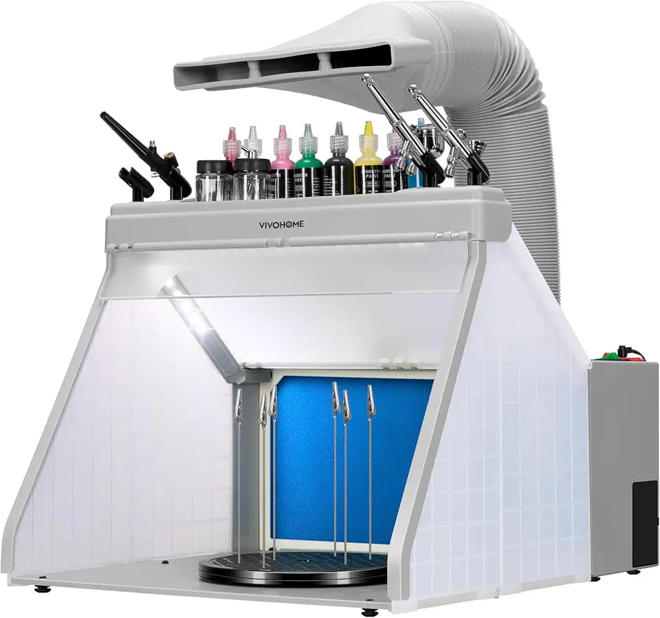 VIVOHOME Airbrush Absauganlage mit 3 LED, Spritzpistolen Ständer, Grau | Tragbare Spritzkabine mit 3 LEDs, Farb- und Spritzpistolenständern Drehtisch, Filterschwamm für Modellbau Lackierarbeiten