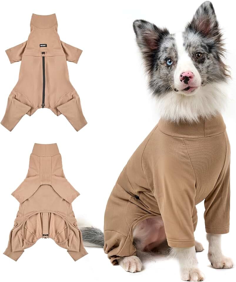 OneTigris Hund Onesie, FUZZBUD Einteiler für Große und Mittelgroße Hunde Weicher Warmer Dehnbarer Mehrzweck Hundepyjama für Haarausfall, Allergien, Anti-Lecken, Wundschutz - Braun XXL