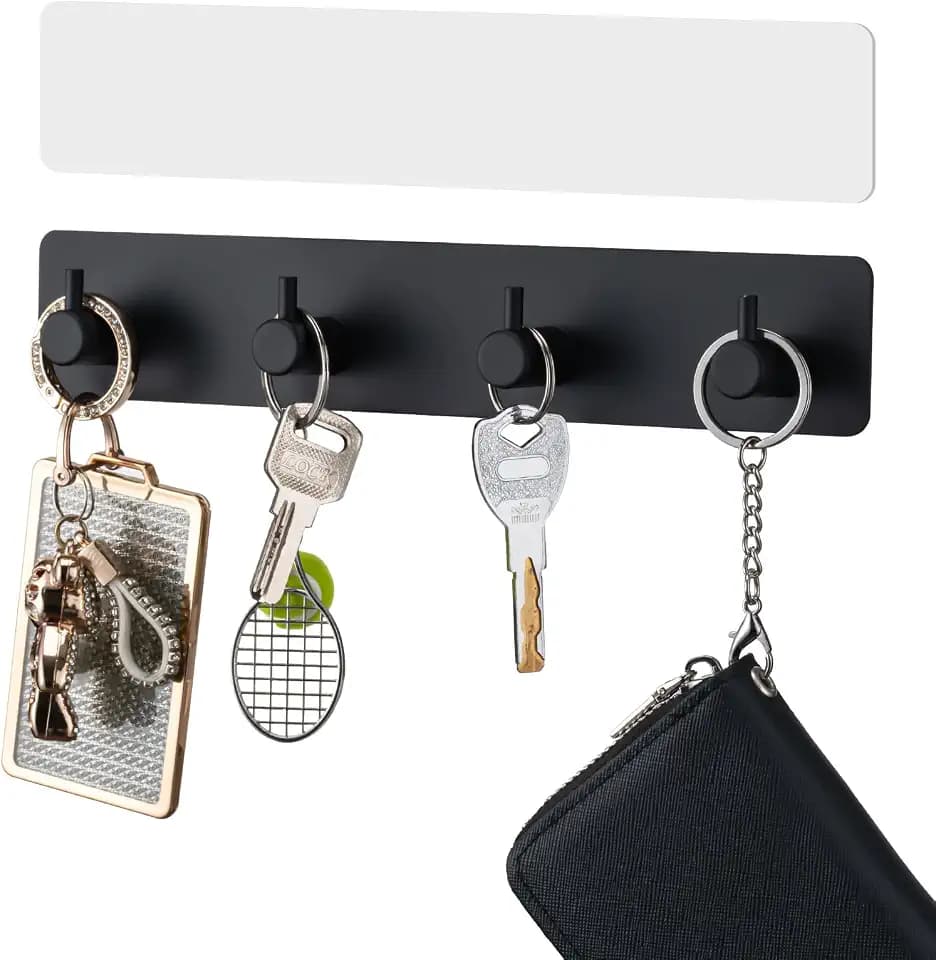 Schlüsselhalter Wand Schwarz Metall mit 4 Haken, modernes Schlüsselbrett klein aus Metall, Enthält 2 selbstklebende Bänder, schlüsselaufhänger & key holder wall für Flur Eingang Haustür Küche Büro