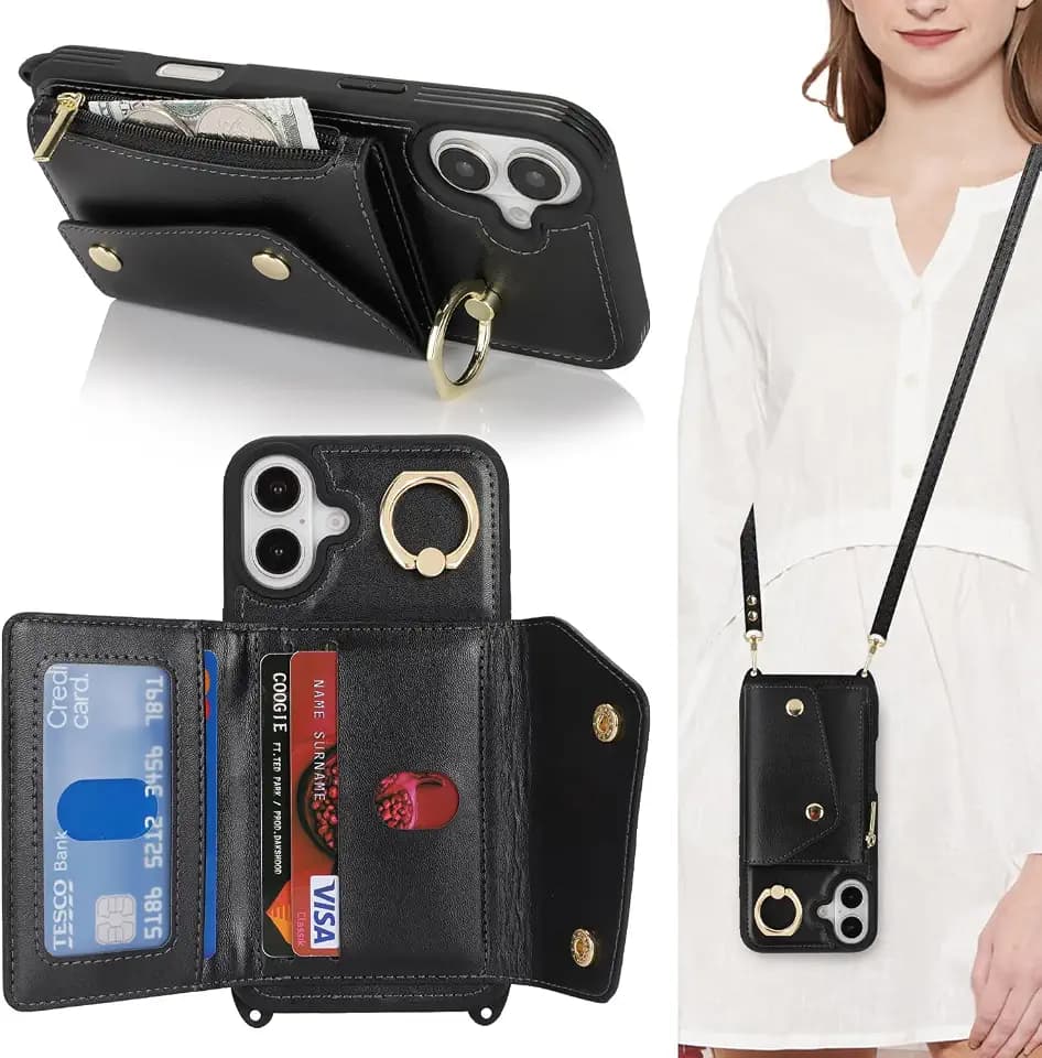 Lipvina Crossbody Wallet Case for iPhone 16 Plus,Black