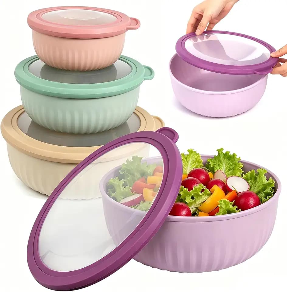 Salatschüssel Mit Deckel Set, 4 Hefeteigschüssel BPA-frei Frischhaltedosen mit Deckel Stapelbar Rührschüssel für Spülmaschinen Mikrowellen Gefrierschrankgeeignet 0,6/1,25/2,25/3,6L (Farbig)