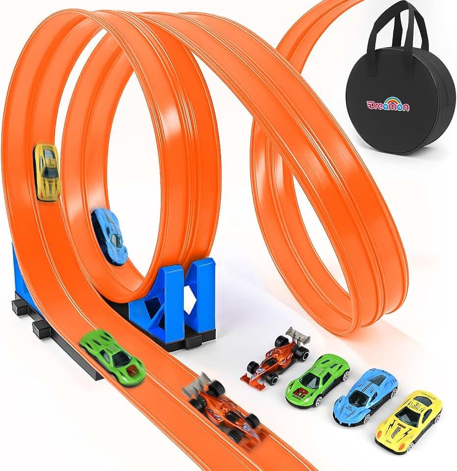 Dreamon Flexible Autorennbahn Kinder 6 Meter Rennbahn Rennstrecke Auto Spielzeug 3 4 5 6 Jahre mit 4 Spielzeugautos 2 Rampen 1 Aufbewahrungstasche 4 Saugnäpfe Geschenke für Jungen und Mädchen